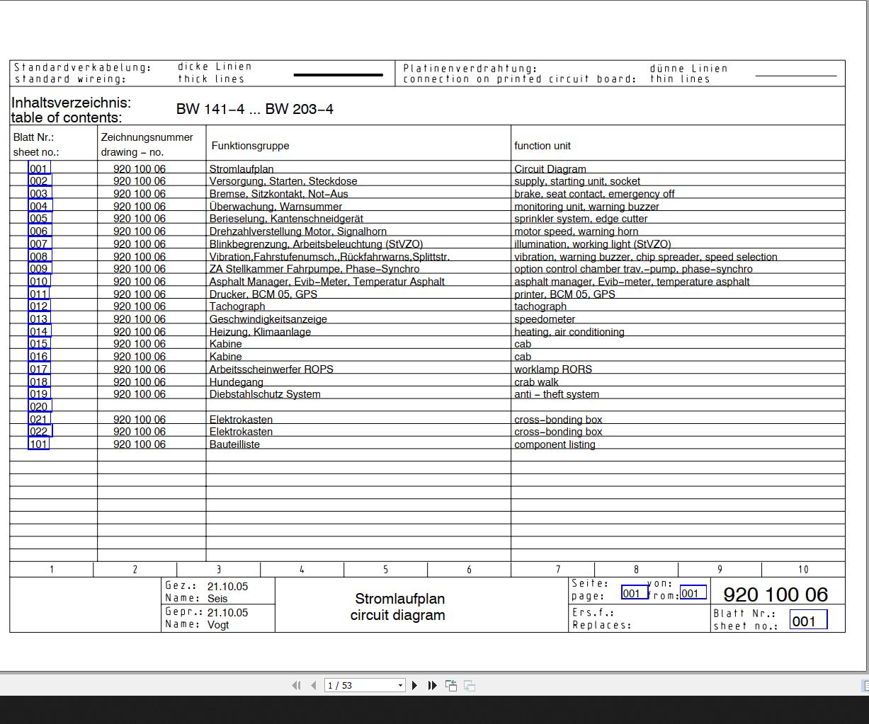Bomag BW141 4 to BW203 4 Wiring Diagram Drawing No 92010006 2005 EN DE 1