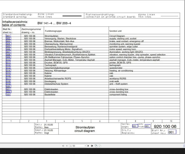 Bomag BW141 4 to BW203 4 Wiring Diagram Drawing No 92010006 2005 EN DE