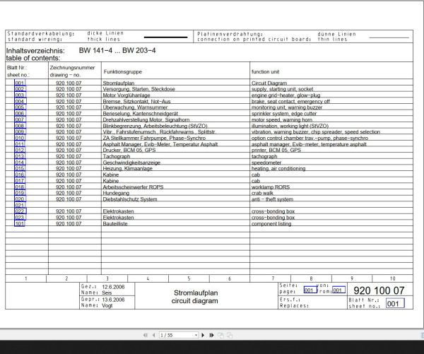 Bomag BW141 4 to BW203 4 Wiring Diagram Drawing No 92010007 2006 EN DE