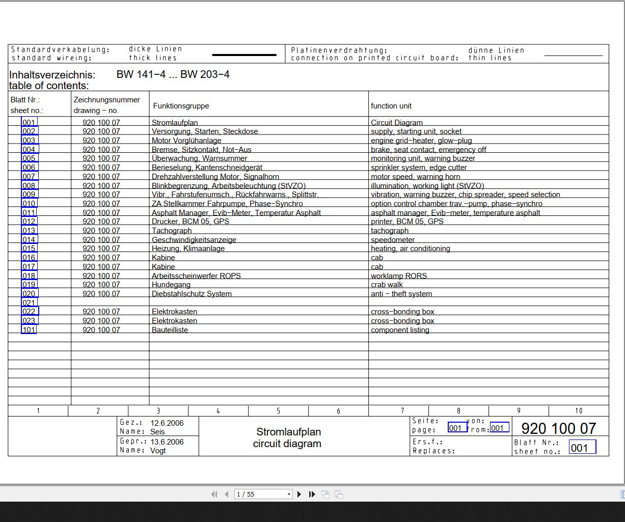 Bomag BW141 4 to BW203 4 Wiring Diagram Drawing No 92010007 2006 EN DE