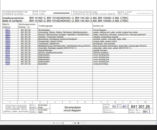 Bomag BW141AD 2 BW151AD ADH AC 2 BW144AD 2 AM BW154AD 2 AM C760C Circuit Diagram Drawing No84130126 2003 EN DE