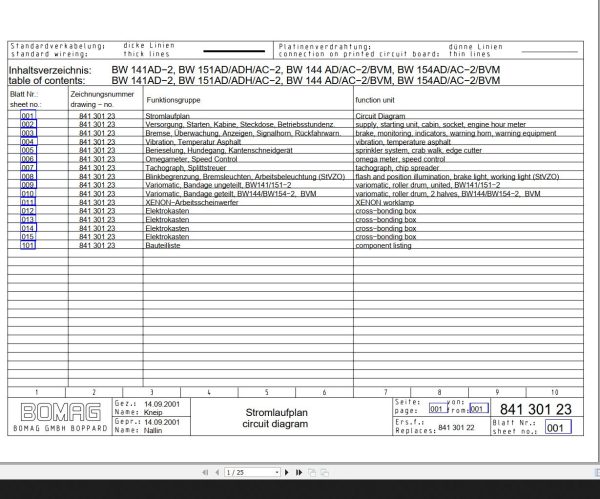 Bomag BW141AD 2 BW151AD ADH AC−2 BW144 AD AC−2 BVM BW154AD AC−2 BVM Circuit Diagram Drawing No84130123 2001 EN DE