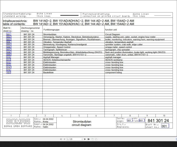 Bomag BW141AD 2 BW151AD ADH AC−2 BW144AD 2 AM BW154AD 2 AM Circuit Diagram Drawing No84130124 2002 EN DE