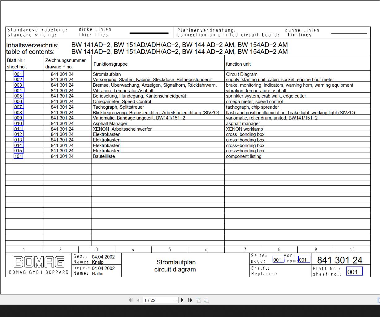 Bomag BW141AD 2 BW151AD ADH AC−2 BW144AD 2 AM BW154AD 2 AM Circuit Diagram Drawing No84130124 2002 EN DE