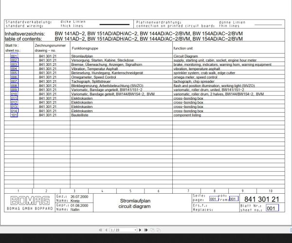 Bomag BW141AD 2 BW151AD ADH AC−2 BW144AD AC−2 BVM BW154AD AC−2 BVM Circuit Diagram Drawing No84130121 2000 EN DE