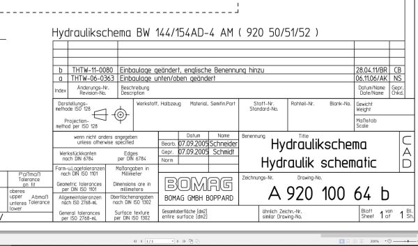 Bomag BW141AD 4 AM BW151AD 4 AM Hydraulic Schematic Drawing No 92010064 02 2005 EN DE