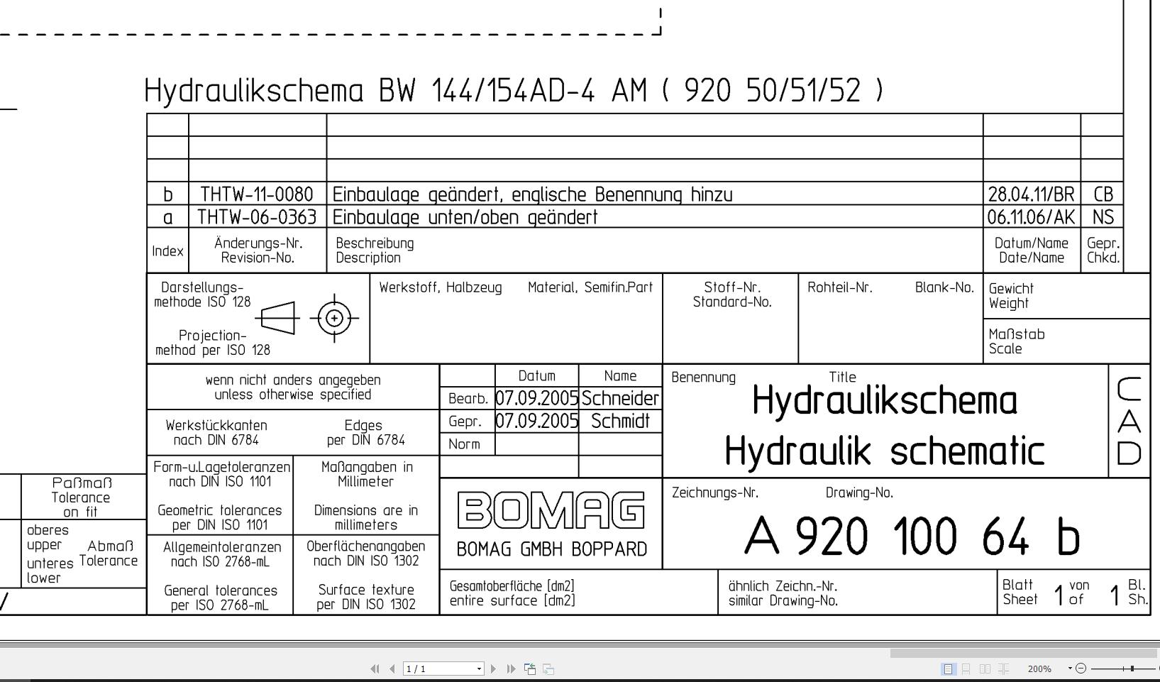 Bomag BW141AD 4 AM BW151AD 4 AM Hydraulic Schematic Drawing No 92010064 02 2005 EN DE