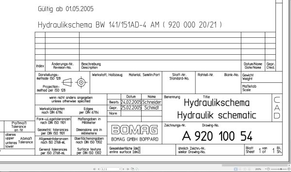 Bomag BW141AD 4 AM BW151AD 4 AM Hydraulic Schematic Drawing No A92010054 2005 EN DE