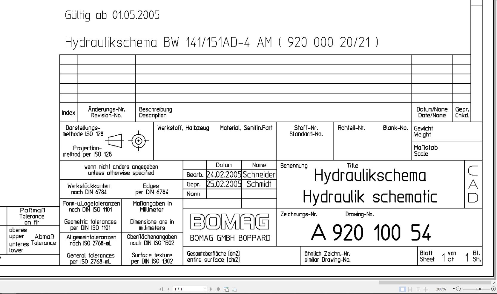 Bomag BW141AD 4 AM BW151AD 4 AM Hydraulic Schematic Drawing No A92010054 2005 EN DE