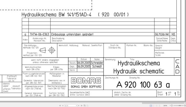Bomag BW141AD 4 BW151AD 4 Hydraulic Schematic Drawing No 92010063 01 2005 EN DE