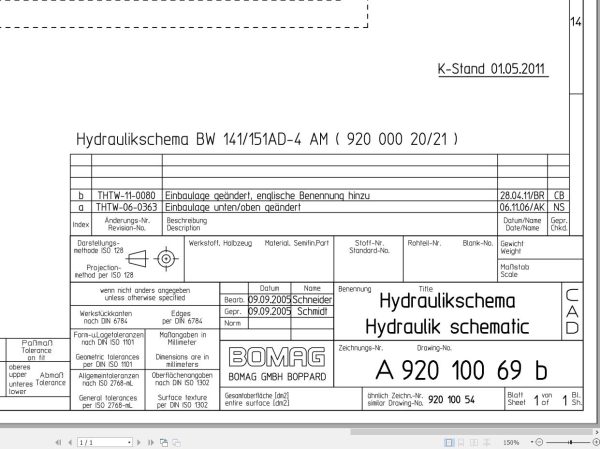 Bomag BW141AD 4 BW151AD 4 Hydraulic Schematic Drawing No A92010069 02 2005 EN DE