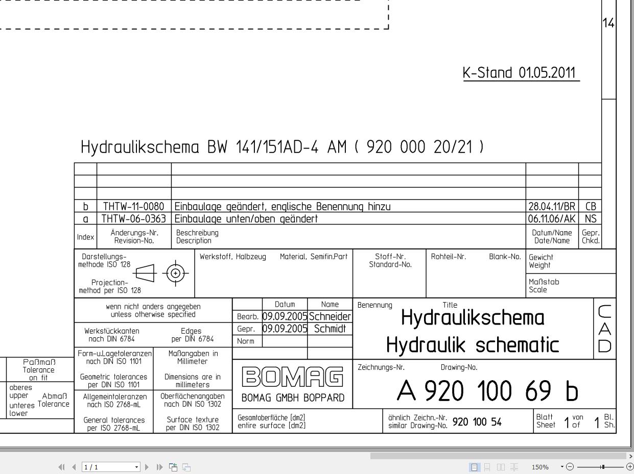 Bomag BW141AD 4 BW151AD 4 Hydraulic Schematic Drawing No A92010069 02 2005 EN DE