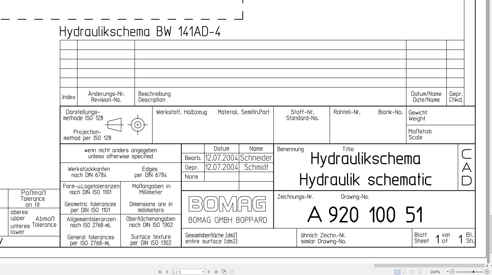 Bomag BW141AD 4 Hydraulic Schematic Drawing No A92010051 2004 EN DE