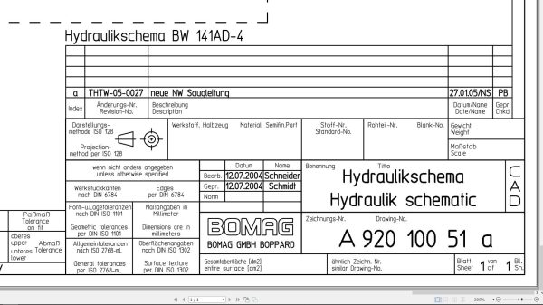 Bomag BW141AD 4 Hydraulic Schematic Drawing No A92010051 01 2004 EN DE