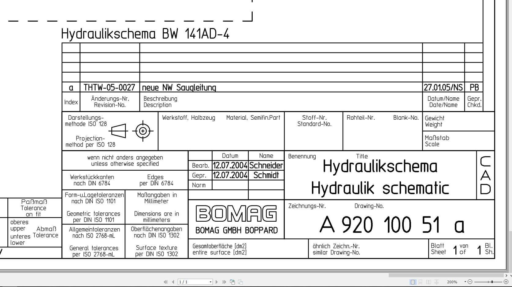 Bomag BW141AD 4 Hydraulic Schematic Drawing No A92010051 01 2004 EN DE