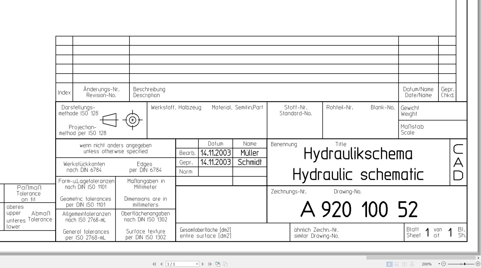 Bomag BW141AD 4 Hydraulic Schematic Drawing No A92010052 2003 EN DE