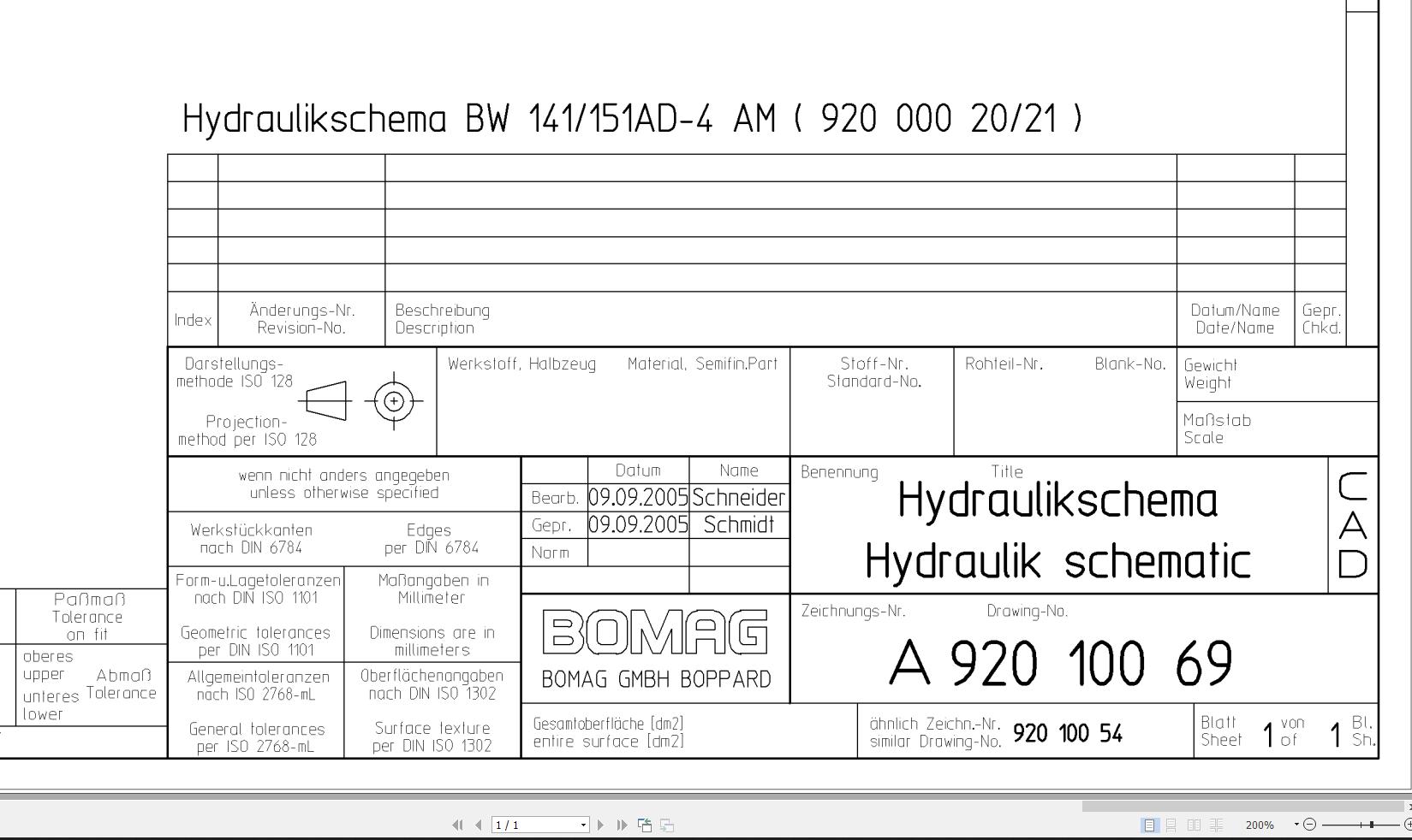 Bomag BW141AD 4AM BW151AD 4AM Hydraulic Schematic Drawing No A92010069 2005 EN DE