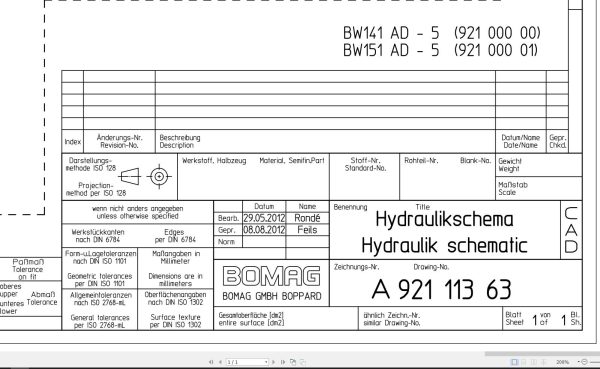 Bomag BW141AD 5 BW151AD 5 Hydraulic Schematic Drawing No A92111363 2012 EN DE