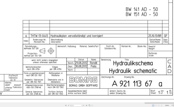 Bomag BW141AD 50 BW151AD 50 Hydraulic Schematic Drawing No A92111367 01 2012 EN DE 1