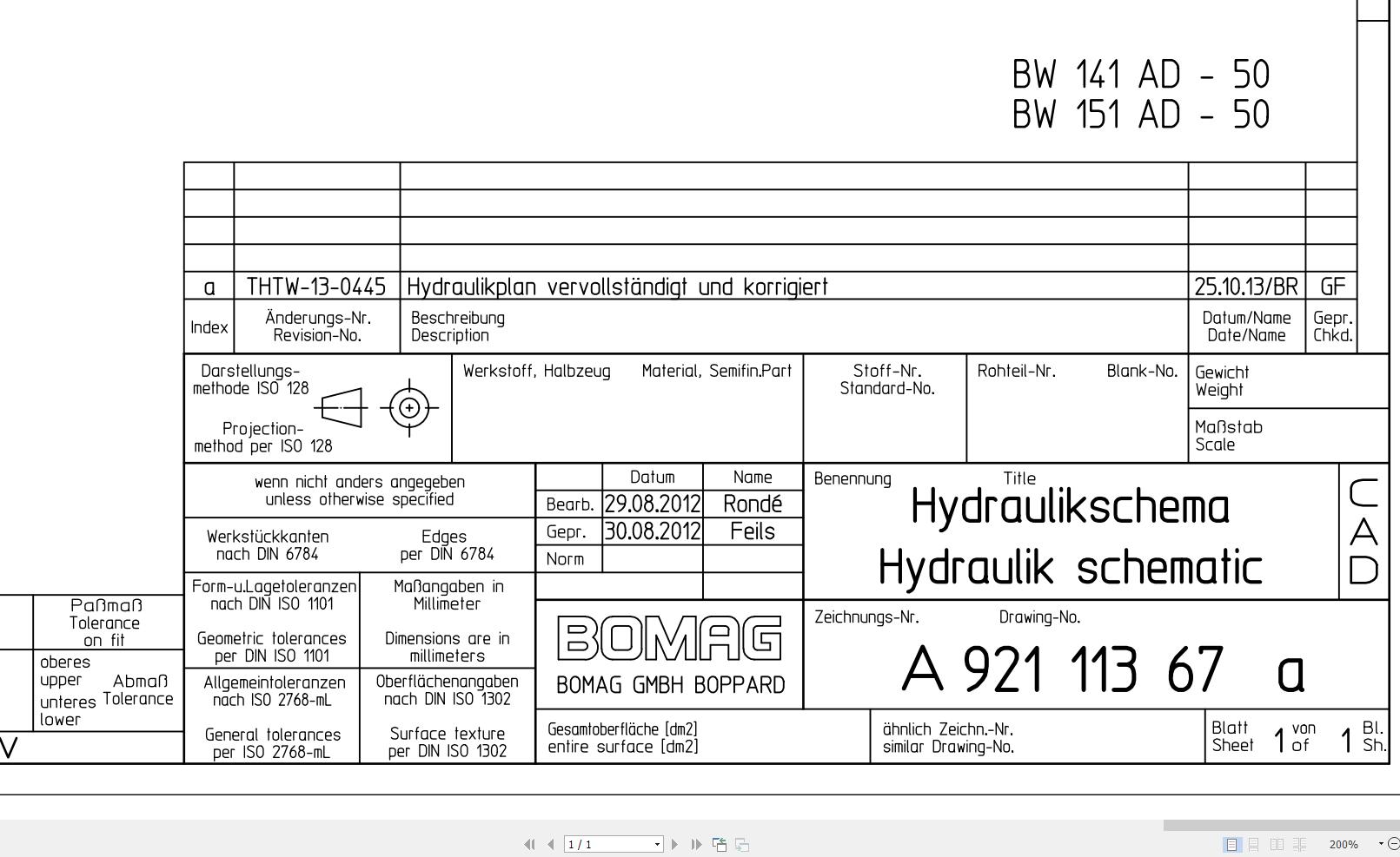 Bomag BW141AD 50 BW151AD 50 Hydraulic Schematic Drawing No A92111367 01 2012 EN DE