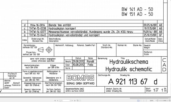 Bomag BW141AD 50 BW151AD 50 Hydraulic Schematic Drawing No A92111367 04 2012 EN DE