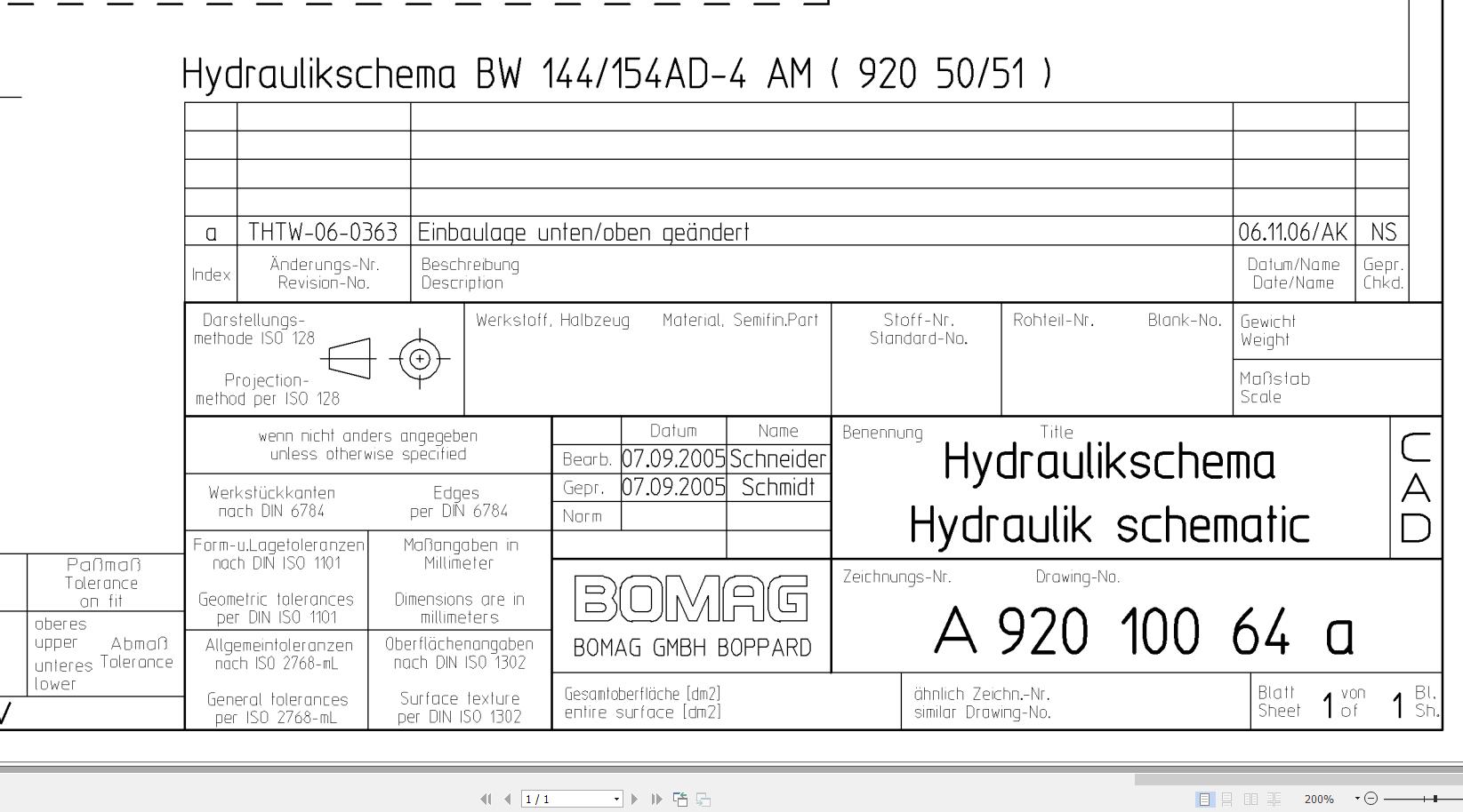 Bomag BW144AD 4 AM BW154AD 4 AM Hydraulic Schematic Drawing No 92010064 01 2005 EN DE