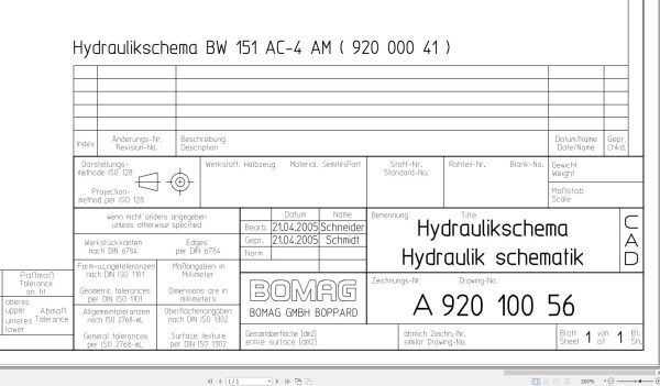 Bomag BW151 AC 4 AM Hydraulic Schematic Drawing No A92010056 2005 EN DE