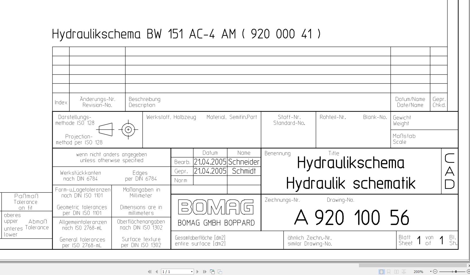 Bomag BW151 AC 4 AM Hydraulic Schematic Drawing No A92010056 2005 EN DE