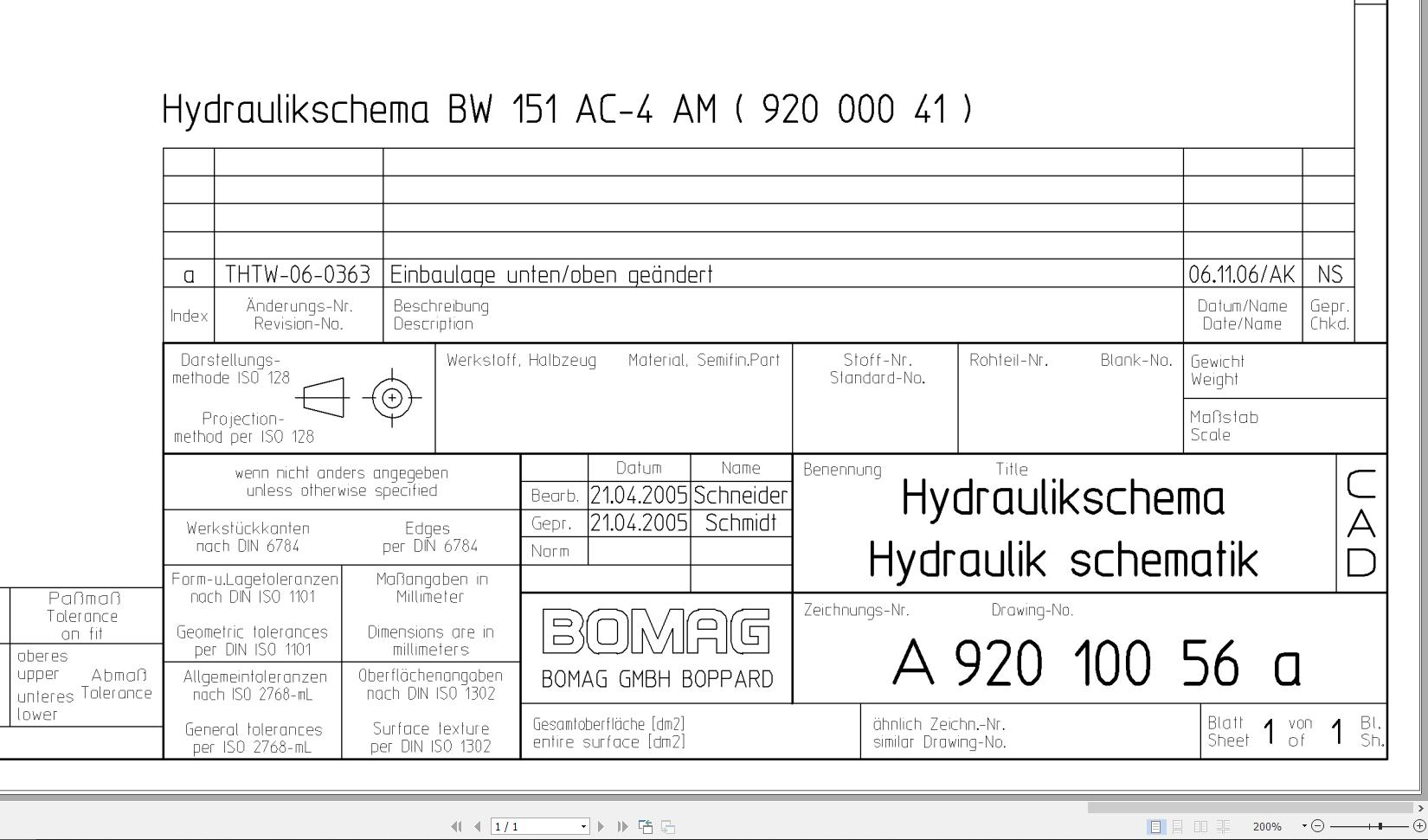 Bomag BW151 AC 4 AM Hydraulic Schematic Drawing No A92010056 01 2005 EN DE