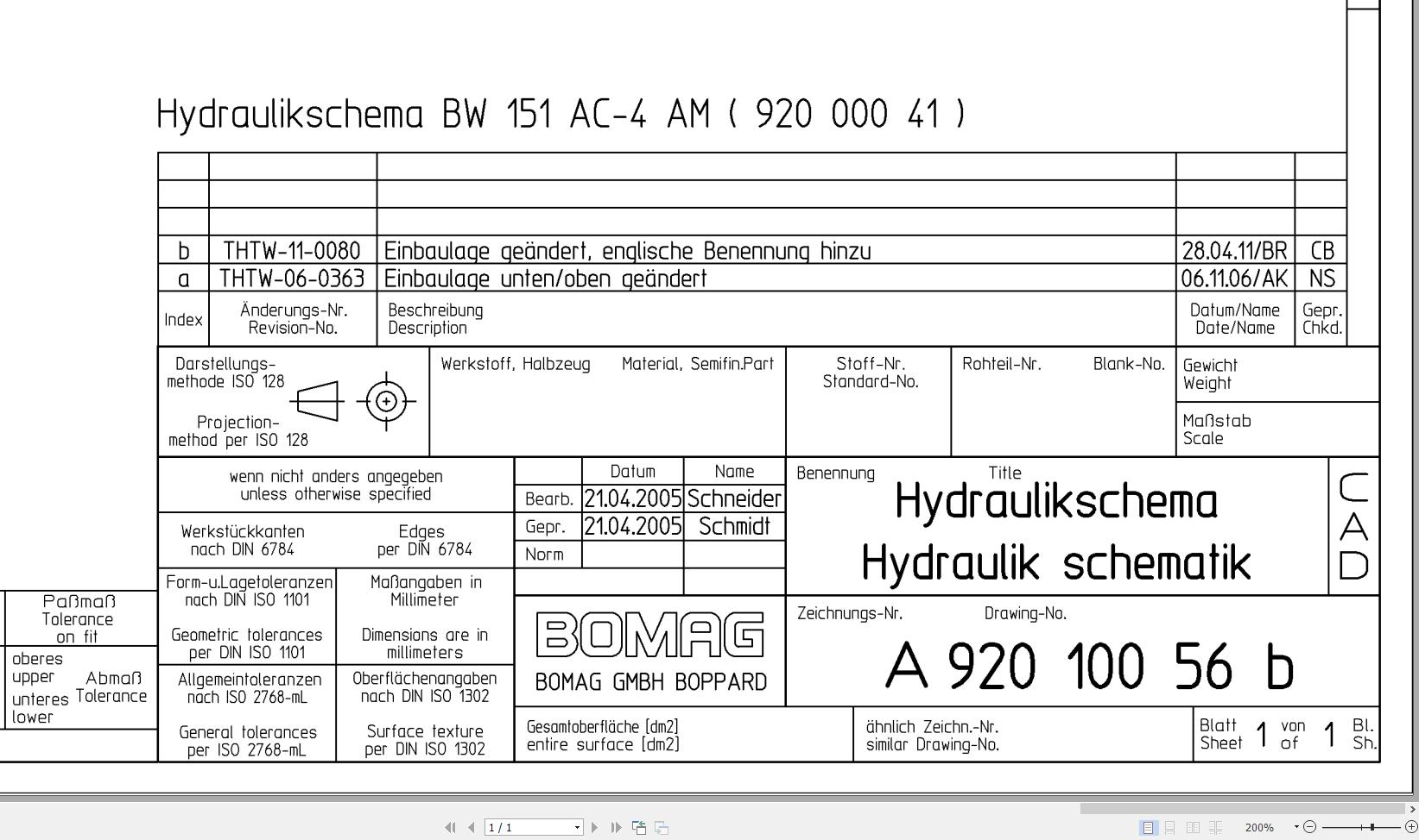 Bomag BW151 AC 4 AM Hydraulic Schematic Drawing No A92010056 02 2005 EN DE