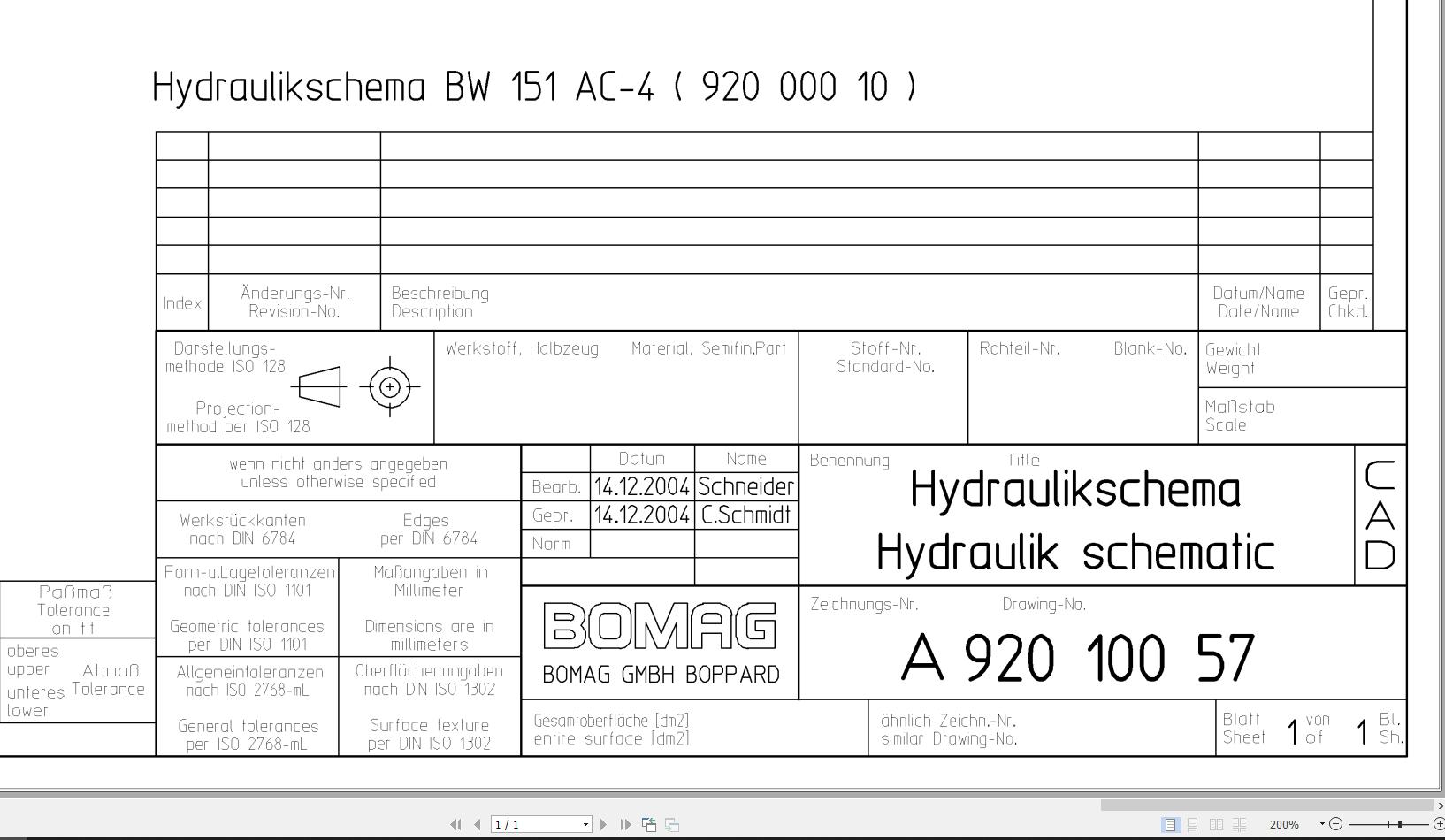 Bomag BW151 AC 4 Hydraulic Schematic Drawing No A92010057 2004 EN DE