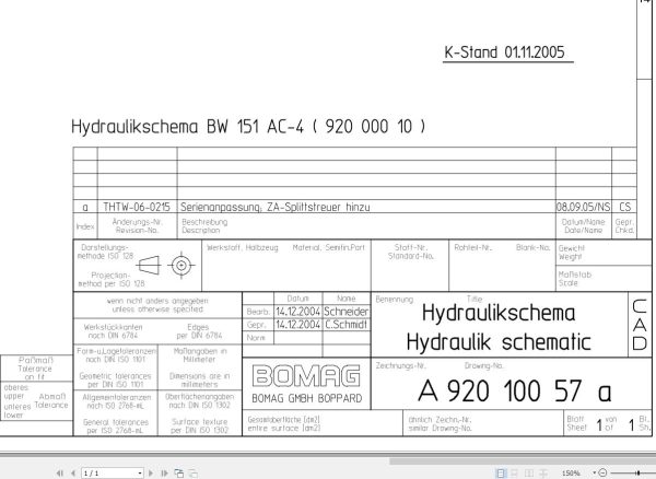 Bomag BW151 AC 4 Hydraulic Schematic Drawing No A92010057 01 2004 EN DE