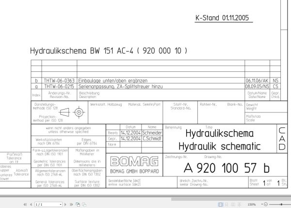 Bomag BW151 AC 4 Hydraulic Schematic Drawing No A92010057 02 2004 EN DE