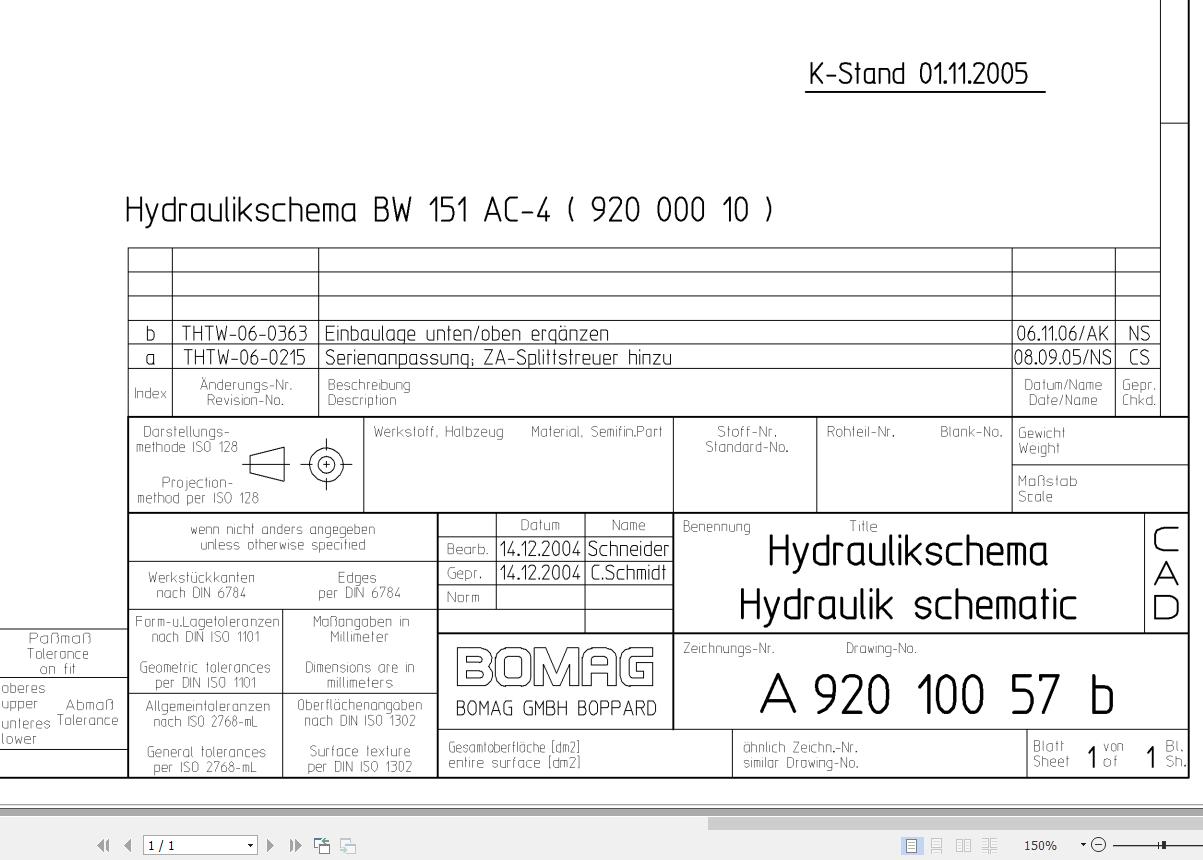 Bomag BW151 AC 4 Hydraulic Schematic Drawing No A92010057 02 2004 EN DE