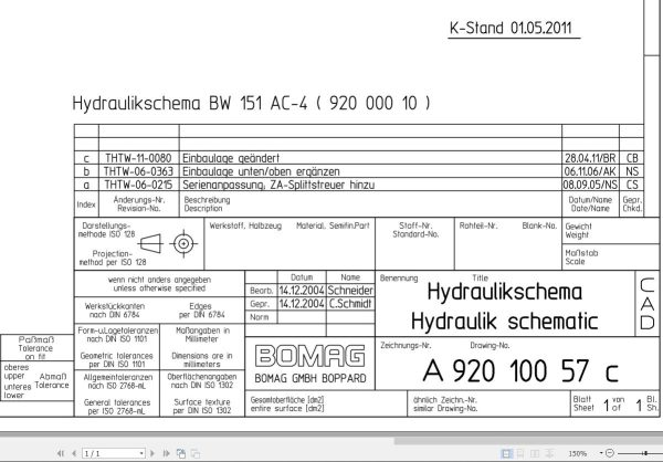 Bomag BW151 AC 4 Hydraulic Schematic Drawing No A92010057 03 2004 EN DE