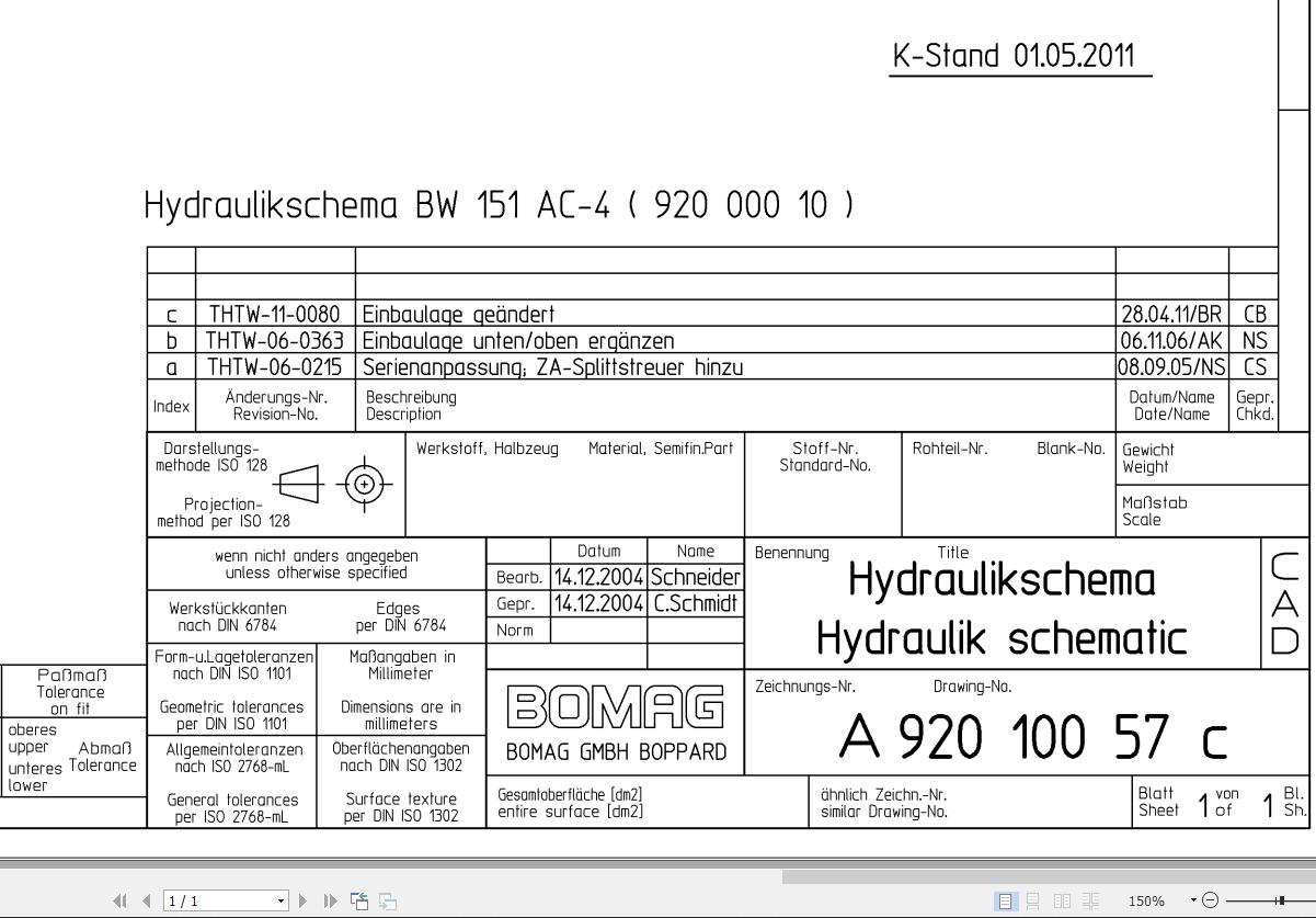 Bomag BW151 AC 4 Hydraulic Schematic Drawing No A92010057 03 2004 EN DE