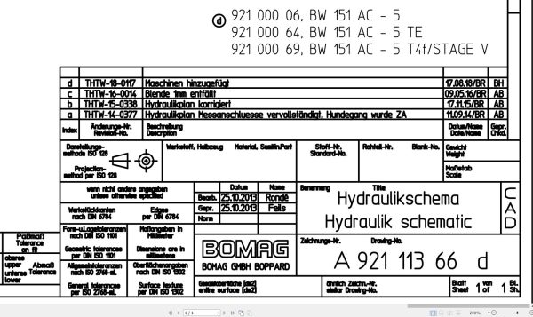 Bomag BW151 AC 5 BW151 AC 5 TE T4F Stage V Hydraulic Schematic Drawing No 92111366 04 2013 EN DE