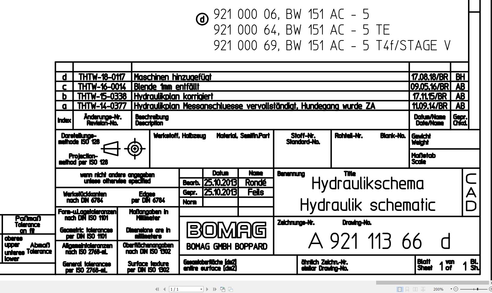 Bomag BW151 AC 5 BW151 AC 5 TE T4F Stage V Hydraulic Schematic Drawing No 92111366 04 2013 EN DE