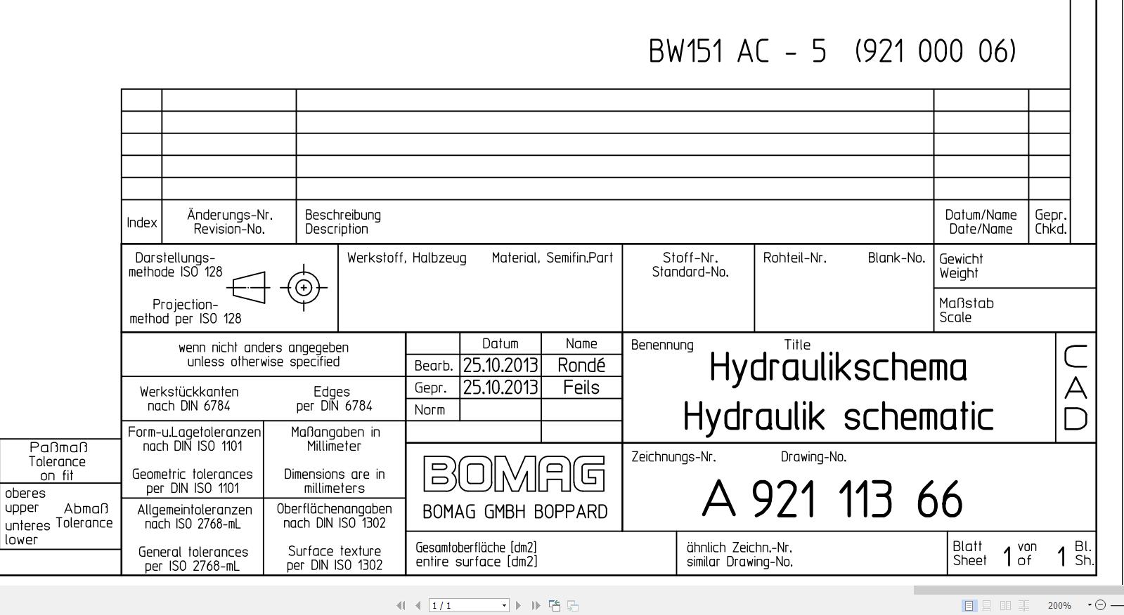 Bomag BW151 AC 5 Hydraulic Schematic Drawing No A92111366 2013 EN DE
