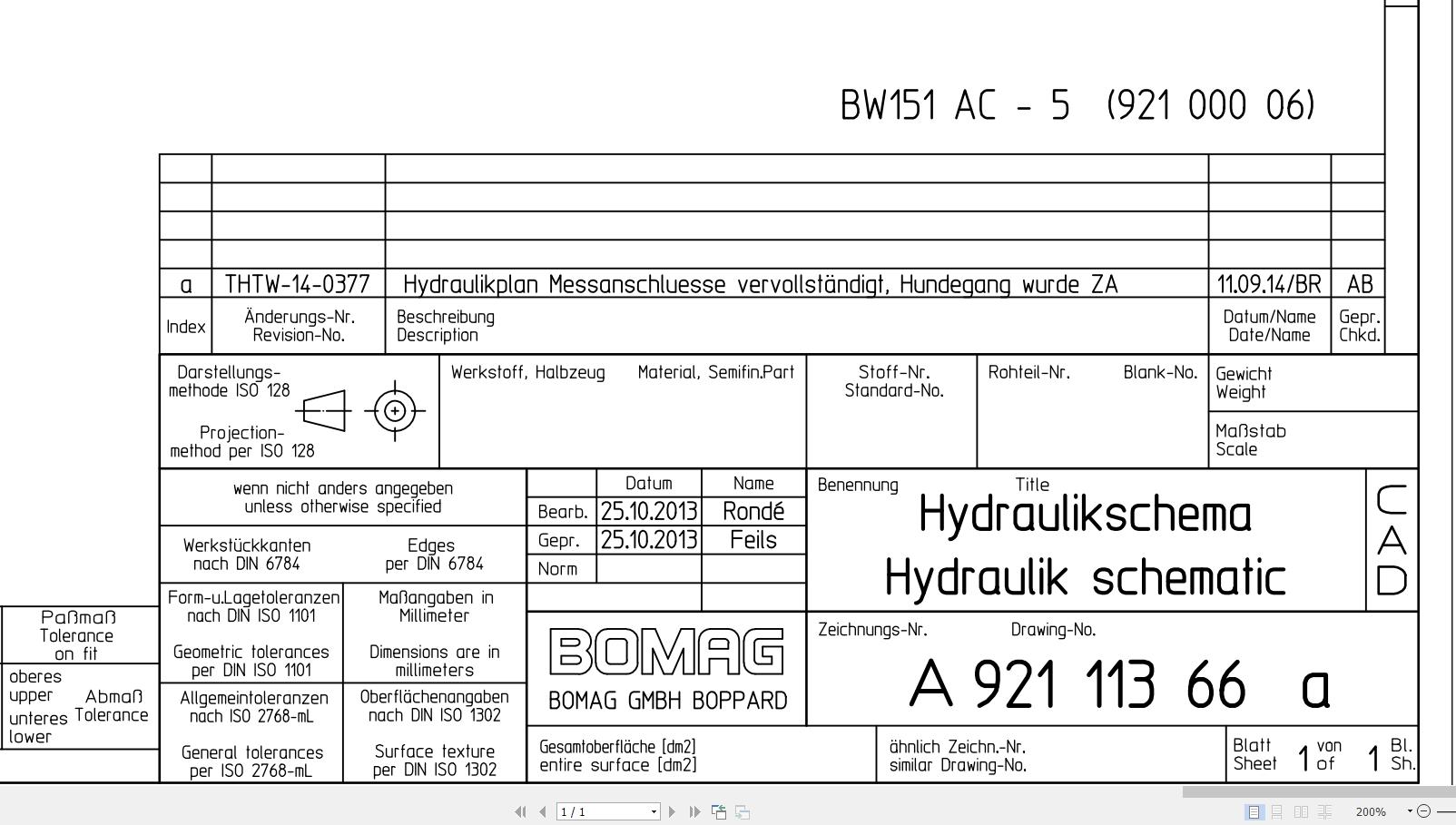 Bomag BW151 AC 5 Hydraulic Schematic Drawing No A92111366 01 2013 EN DE