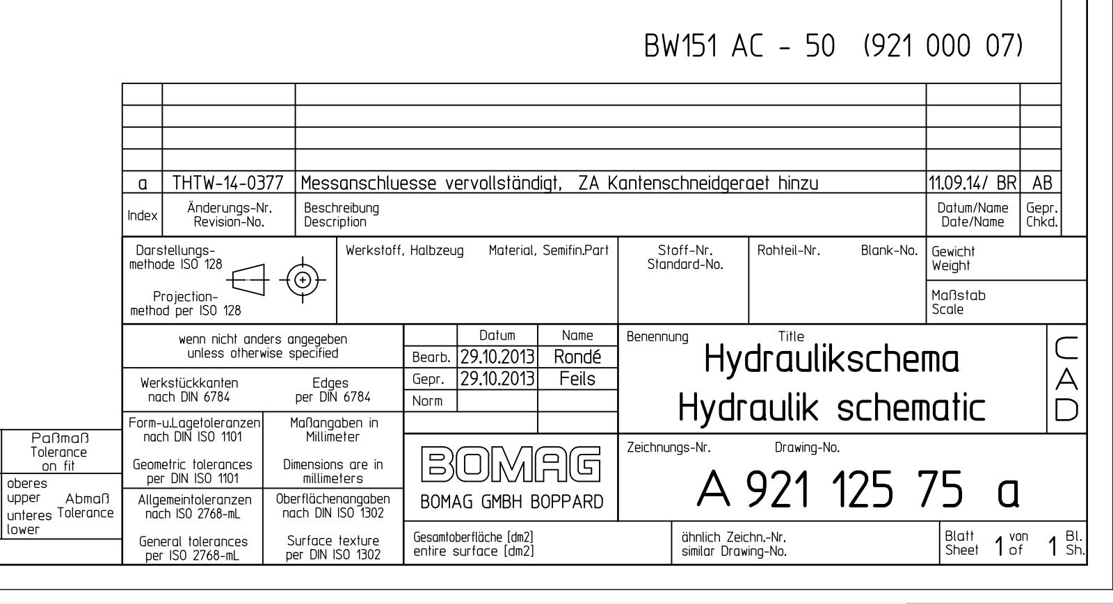 Bomag BW151 AC 50 Hydraulic Schematic Drawing No A92112575 01 2013 EN DE