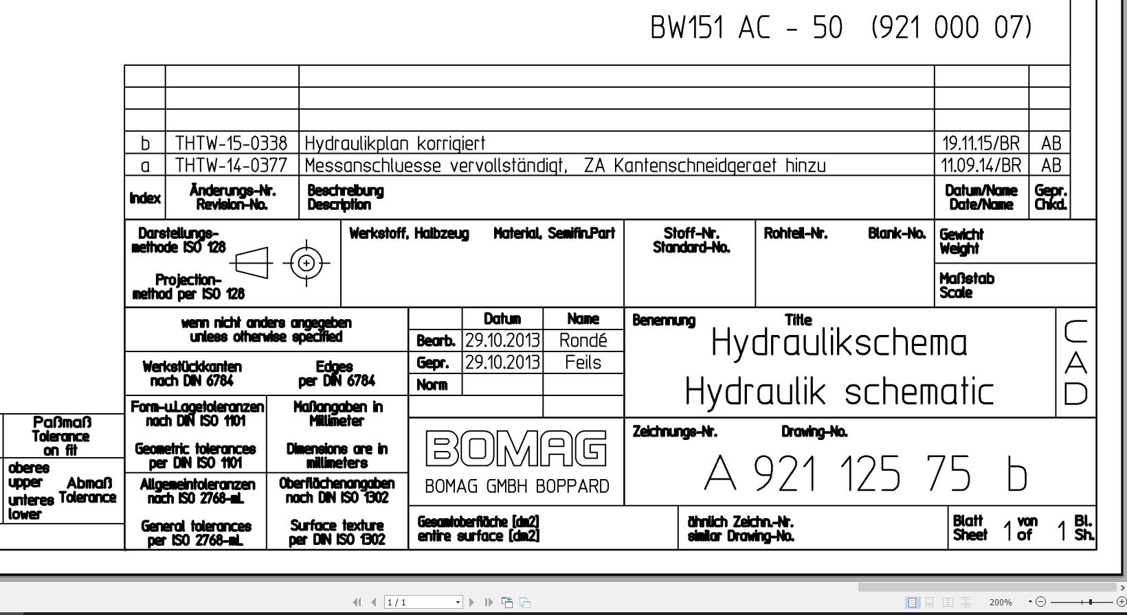 Bomag BW151 AC 50 Hydraulic Schematic Drawing No A92112575 02 2013 EN DE