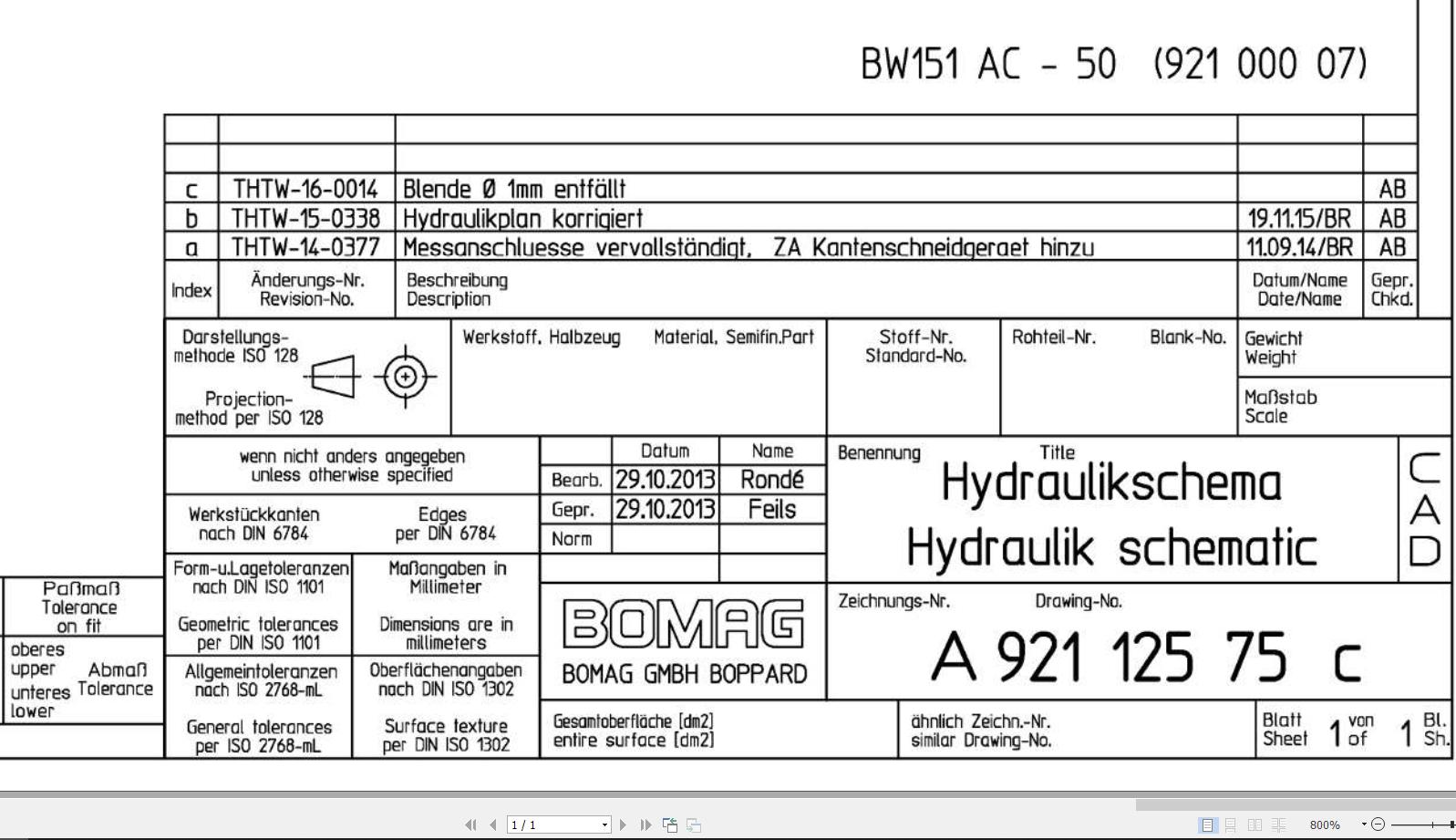 Bomag BW151 AC 50 Hydraulic Schematic Drawing No A92112575 03 2013 EN DE