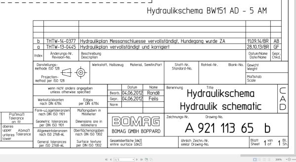 Bomag BW151 AD 5 AM Hydraulic Schematic Drawing No 92111365 02 2012 EN DE
