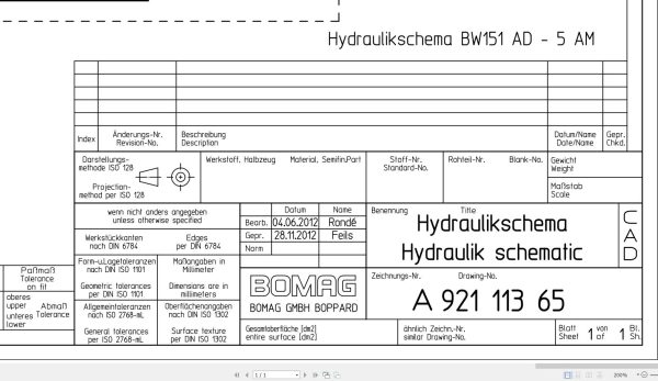 Bomag BW151 AD 5 AM Hydraulic Schematic Drawing No A92111365 2012 EN DE