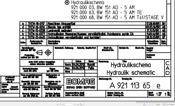 Bomag BW151AD 5AM BW151AD 5AM TE T4F Stage V Hydraulic Schematic Drawing NoA92111365 05 2012 EN DE