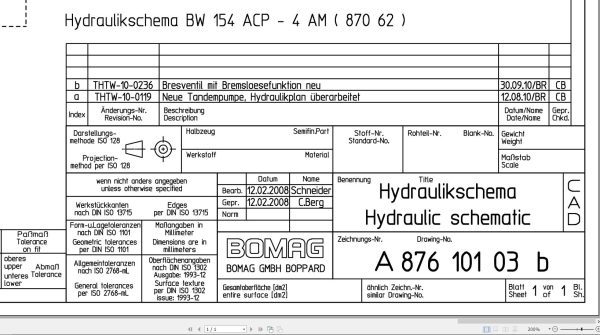 Bomag BW154 ACP 4AM Hydraulic Schematic Drawing No 87610103 2 2008 EN DE