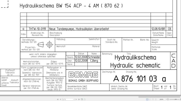 Bomag BW154 ACP 4AM Hydraulic Schematic Drawing No 87610103a 2008 EN DE