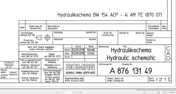 Bomag BW154 ACP 4i AM TE Hydraulic Schematic Drawing No 87613149 2018 EN DE