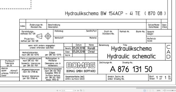 Bomag BW154 ACP 4i TE Hydraulic Schematic Drawing No 87613150 2018 EN DE